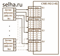 Схема подключения датчиков вибрации ДВЦ-301 к контроллеру СМК-302-2-4Ц